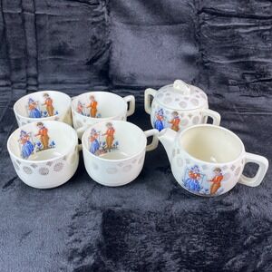 Salem‎ China Tea Set Colonial Couple Cross Stitch Design Cups Sugar Creamer USA
